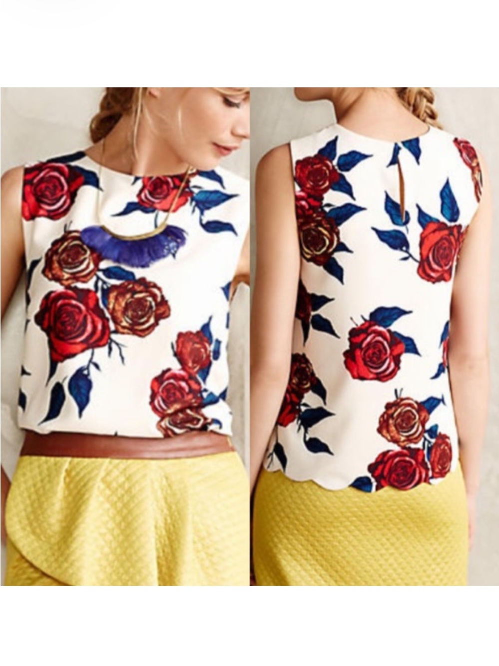 Anthropologie Darling Floral Botanical Scalloped Hem Sleeveless Top. Size medium